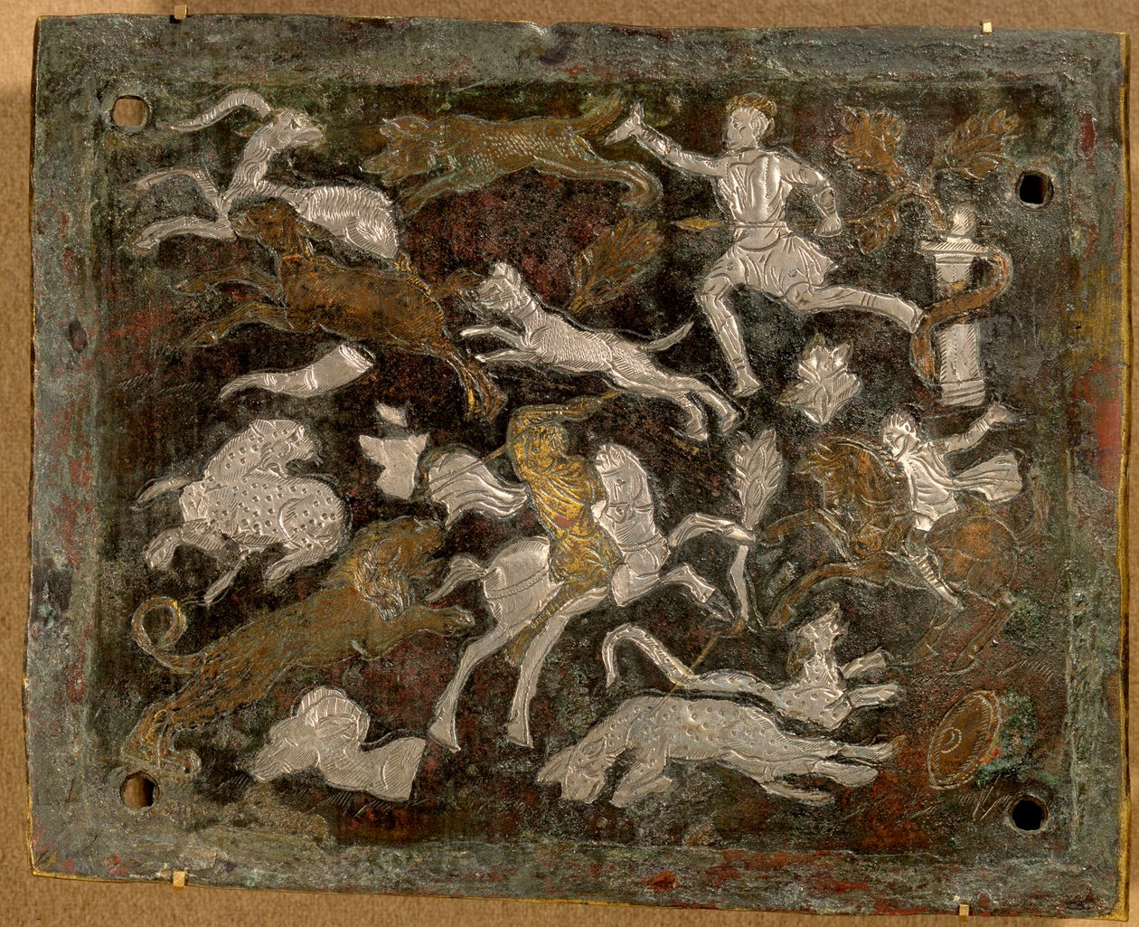 Upotelevy: pronssisia metsästyskohtauksia ja hopea- ja kupariurakoita 350-400 jKr, antiikin Rooma. Italiasta. Rooman imperiumi. Pariisi, Musee du Louvre tekijältä Roman