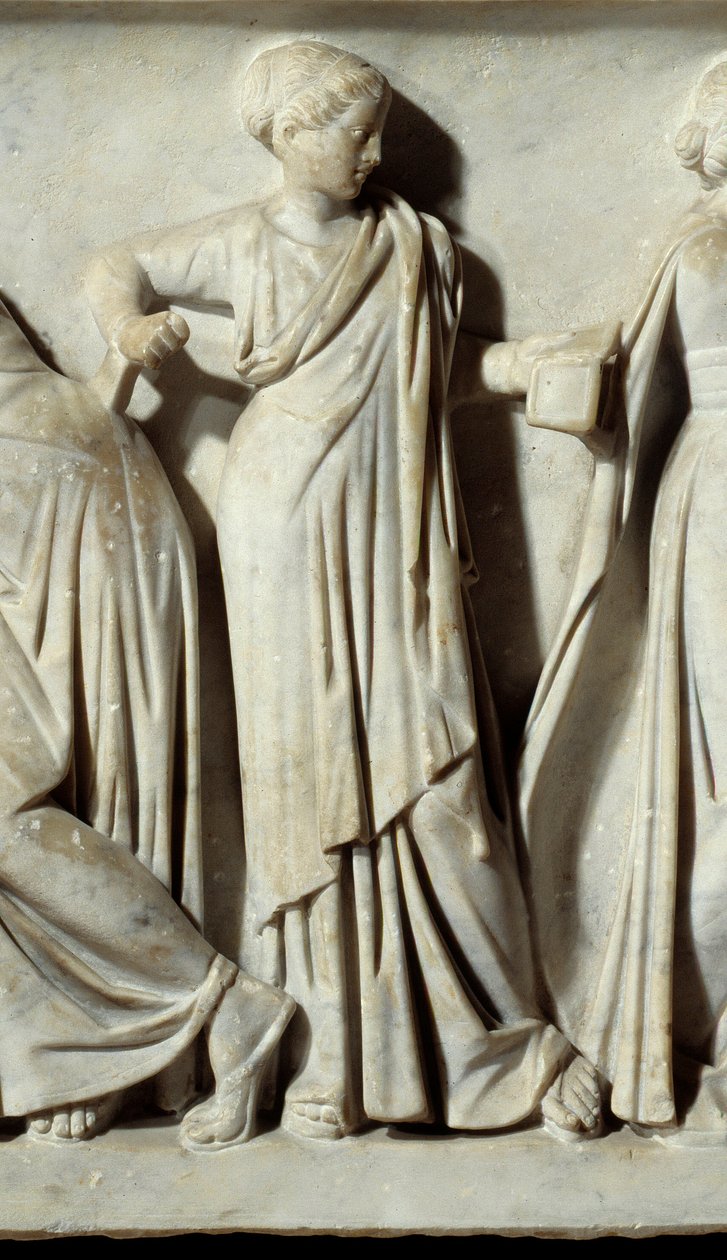 La muse Calliope, yksityiskohta Sarcophagus des Musesista: esitys taiteen ja kirjainten muusoista. Marmori veistos. 150 jKr. Pariisi, Louvre-museo. tekijältä Roman