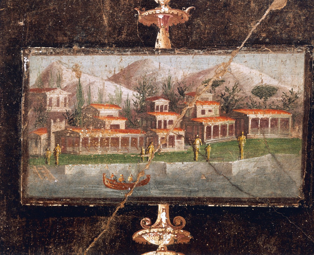 Maisema ja arkkitehtuuri seinämaalauksessa tablinumissa, Marco Lucrezio Fronton talo, Pompei, Campania, roomalainen sivilisaatio tekijältä Roman