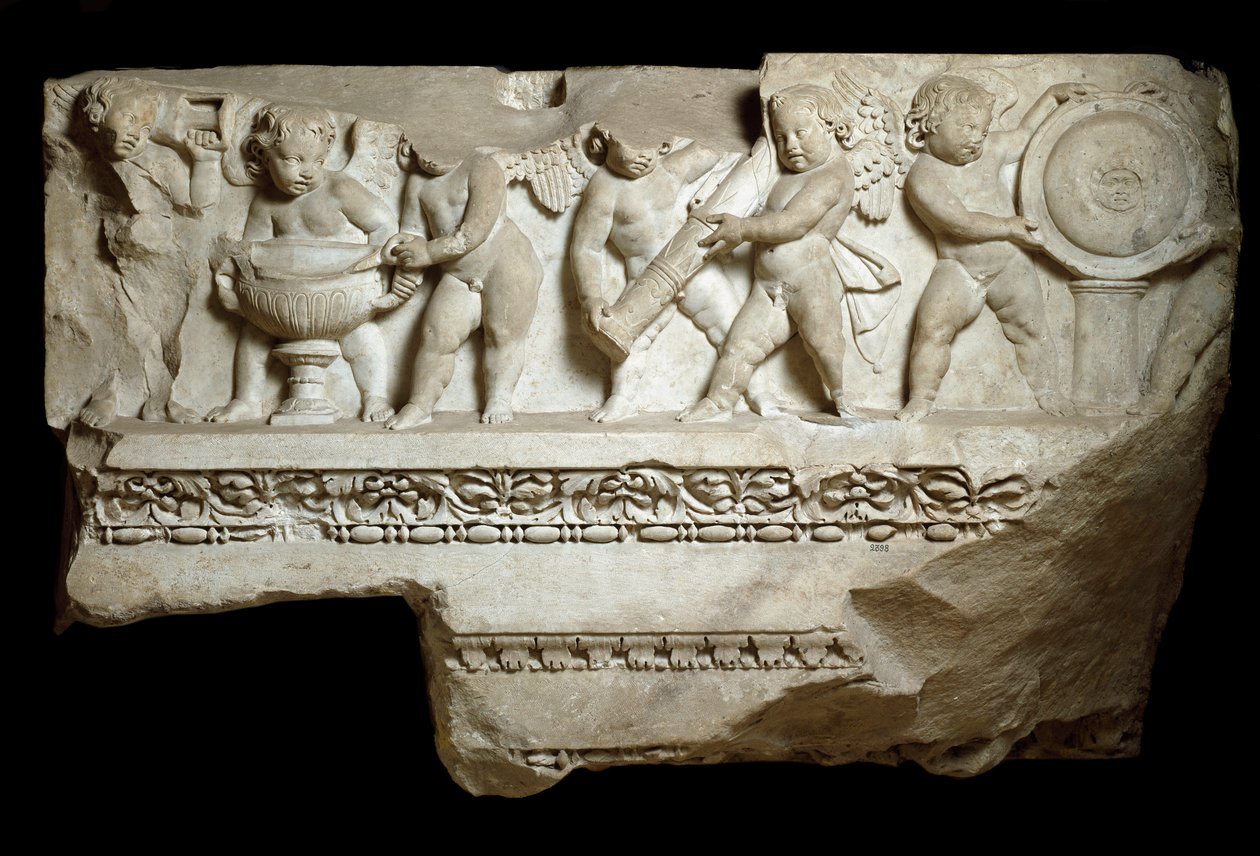 Rakkaus kantamassa Marsin jumalan käsivarsia, 2. vuosisata (marmorireliefi) tekijältä Roman