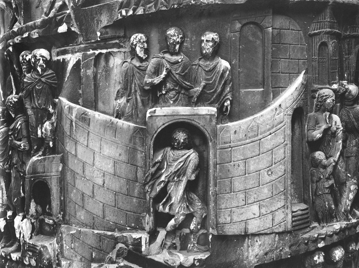 Marcus Aurelius vastaanottamassa sanansaattajaa, yksityiskohta Marcus Aureliuksen pylväästä, AD 180-196 (marmori) (m/v kuva) tekijältä Roman