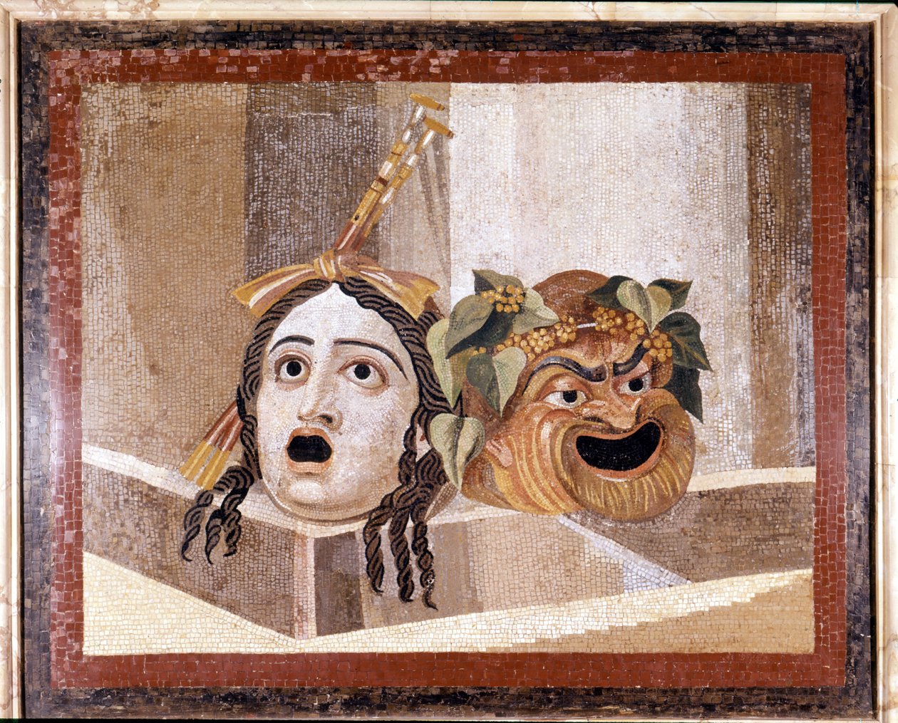 Roomalaisen teatterin naamio. Mosaiikki 2. vuosisadalta jKr. Deciuksen kylpylöistä Aventinolla, Roomassa. Capitolini-museo, Rooma tekijältä Roman
