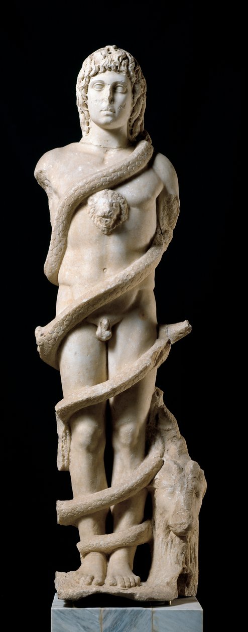 Mithrainen kultti: esitys jumalallisesta Mithrasta ja Chronos (cronos) pyörivä käärme, ajan symboli. Marmoriveistos 2. vuosisadalta jKr. Himmeä. 167 cm Merida, Museo Nacional de Arte Romano tekijältä Roman