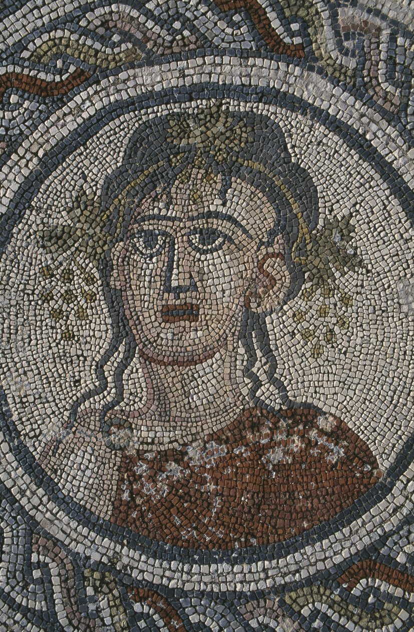 Neljää vuodenaikaa kuvaava mosaiikki, Dionysoksen talo, yksityiskohta, pää (mosaiikki) tekijältä Roman