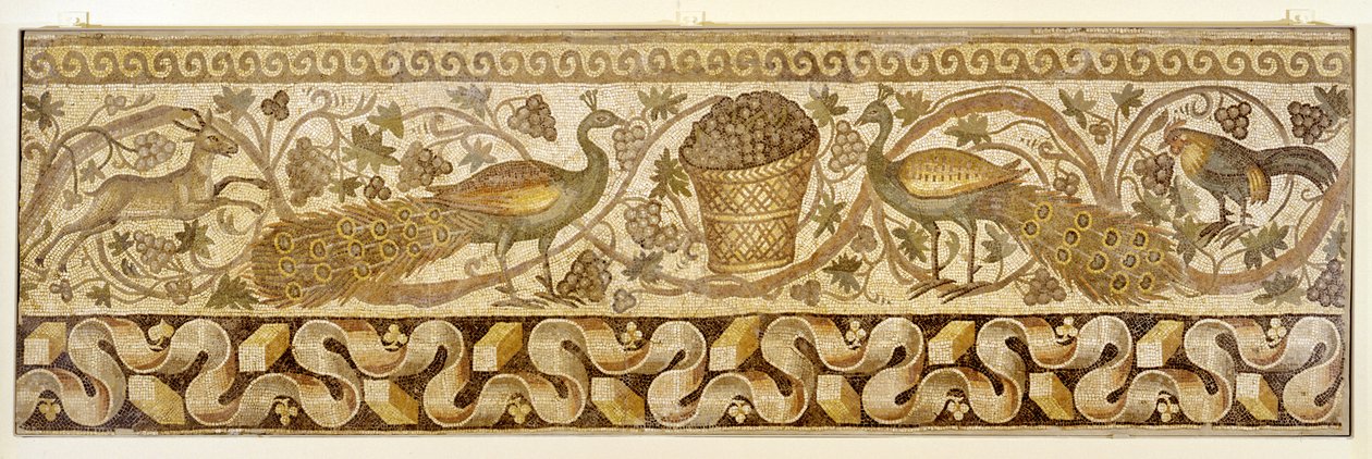 Viiniköynnöksen mosaiikkikääröreunus riikinkukkojen kanssa, Antiokia, 526-540 tekijältä Roman