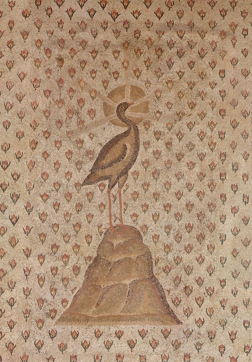 Mosaiikkipäällyste, yksityiskohta keskiaiheesta, jossa on feeniks ruusunnuppujen päällä, Daphnen huvilan sisäpihalta, Antiokiasta, Roomasta, 5. vuosisadan loppupuolelta eKr. marmori- ja kalkkikivimosaiikki, yksityiskohta, 1 tekijältä Roman