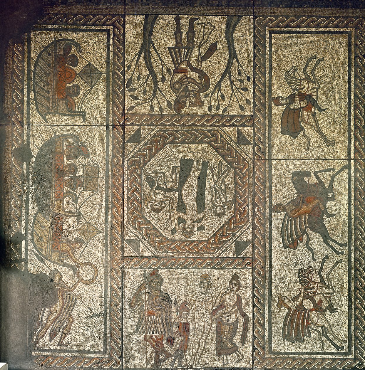 Mosaiikkikiveys Low Hamin roomalaisesta huvilasta, joka kuvaa Didon ja Aeneaksen tarinaa Vergiliusin Aeneista, n. 350 jKr (mosaiikki) tekijältä Roman