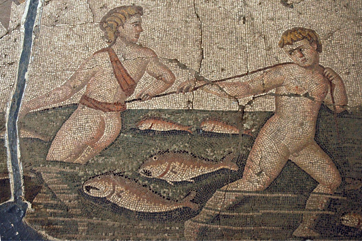 Alastonkalastajat Thalassa the Sea -mosaiikista, Harbiyesta, Hataysta (mosaiikki) tekijältä Roman