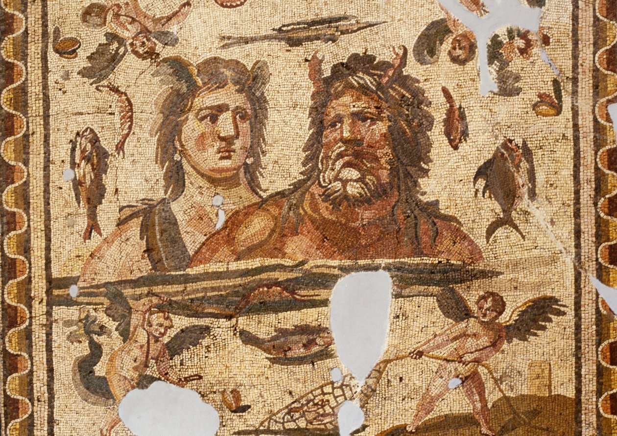 Oceanus ja Tethys, mosaiikki muinaisesta Daphnesta, Harbiye, Turkki. Roomalainen sivilisaatio, 4. vuosisadalla jKr tekijältä Roman