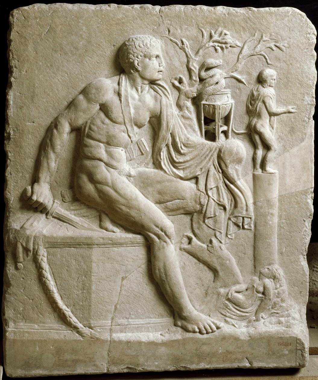 Orestes konsultoi Apollon oraakkelia Delphissä (marmori) tekijältä Roman