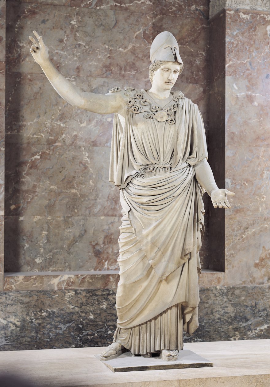 Pallas de Velletri, kypärällisen Athenan patsas, roomalainen kopio kreikkalaisesta alkuperäisestä Alkameneille tai Cresilaksille, n. 420-10 eKr. (marmori) (katso yksityiskohdat 164612-164615) tekijältä Roman