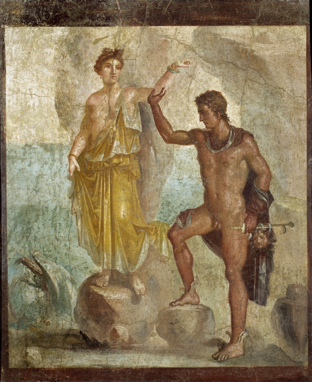 Persee vapauttava Andromede. Fresque 98x120cm. Provenant de la Maison des Dioscures (Dioscurien talo) Pompejissa. 300 ap JC. Kansallinen arkeologinen museo, Napoli (Musee archeologique de Naples). © Raffael / Leemage tekijältä Roman