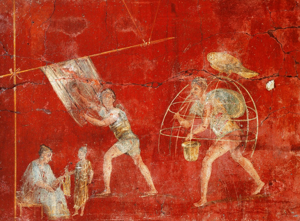 Villan valmistusta kuvaava pilarifresko Pompejista, Fullonica of Veranio Ipseo tekijältä Roman