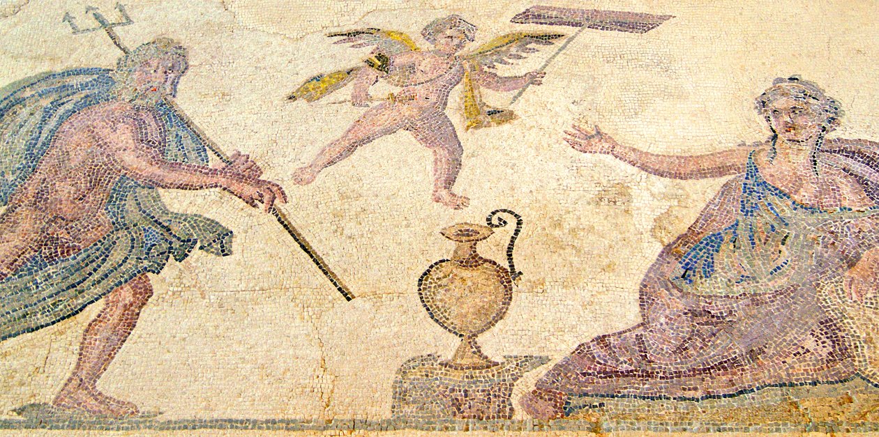 Poseidon ja Amymone, Dionysoksen talo, Paphos, Kypros (mosaiikki) tekijältä Roman