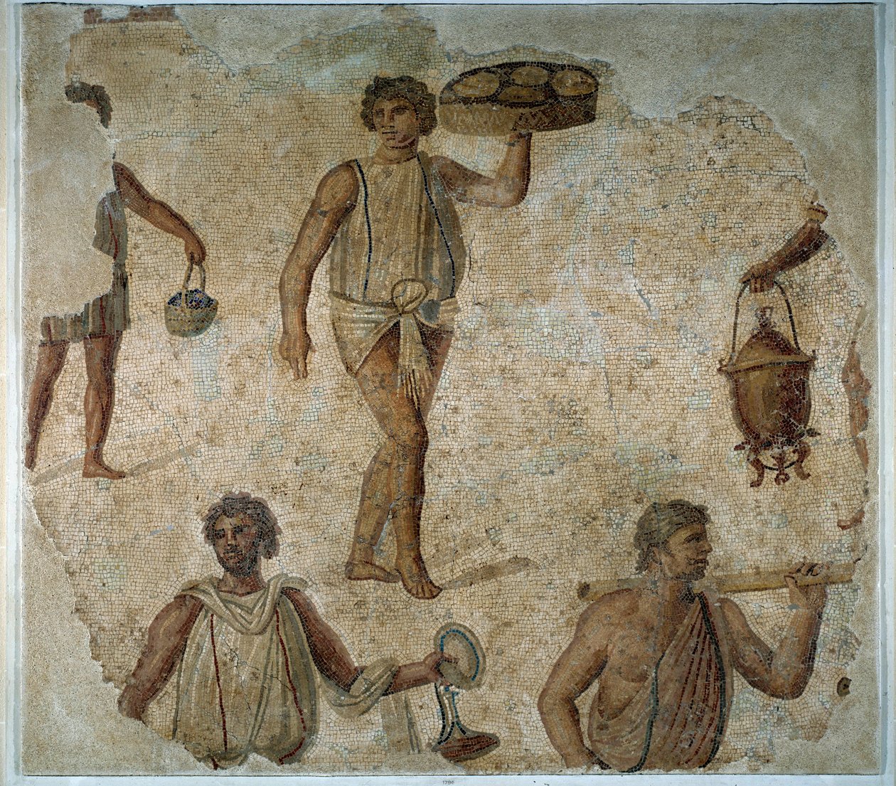 Valmistelut dyonisiaaseen juhlaan: orja tarjoilemassa Mosaic-ateriaa Karthagosta. 2. vuosisadalla ap. JC. Pariisi, Louvre-museo tekijältä Roman