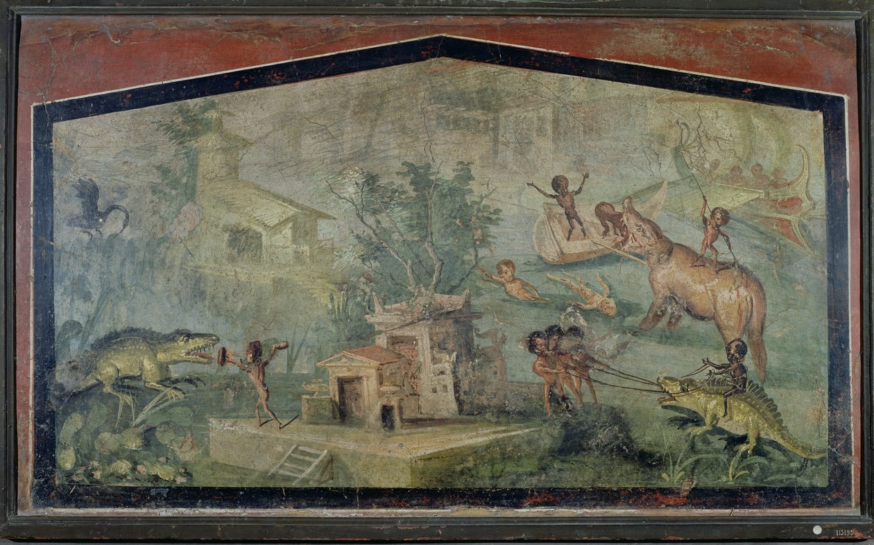 Pygmien metsästys, "Casa del Dottore" (Lääkärin talo) Pompejista, noin 50-79 jKr. tekijältä Roman