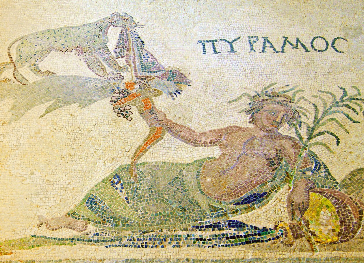 Pyramus ja Thisbe, yksityiskohta Pyramuksesta ja leopardista, Dionysoksen talo, Pafos, Kyproksen mosaiikki tekijältä Roman
