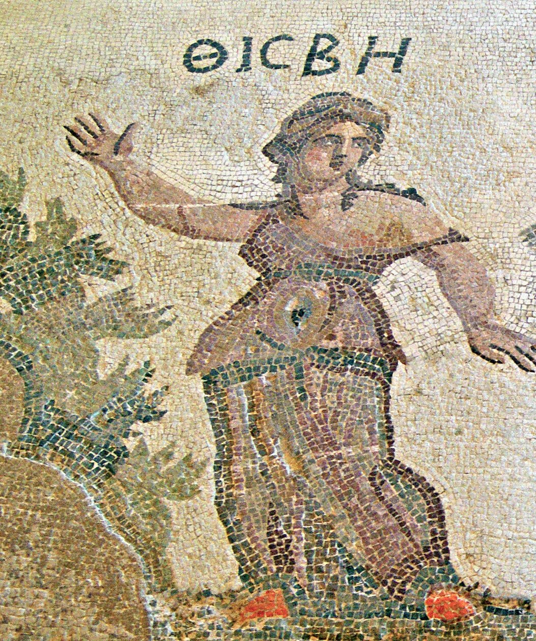 Pyramus ja Thisbe, yksityiskohta Thisbesta, Dionysoksen talo, Pafos, Kyproksen mosaiikki tekijältä Roman