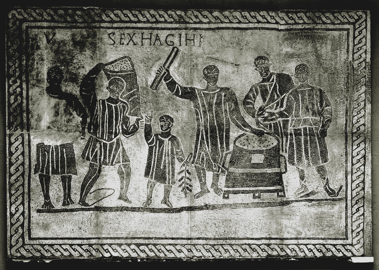ROMAANIN TAIDE: Jyvän (maissin) mittaaminen. Gaius Gracchusin ..., 2. vuosisata jKr. (mosaiikki). tekijältä Roman