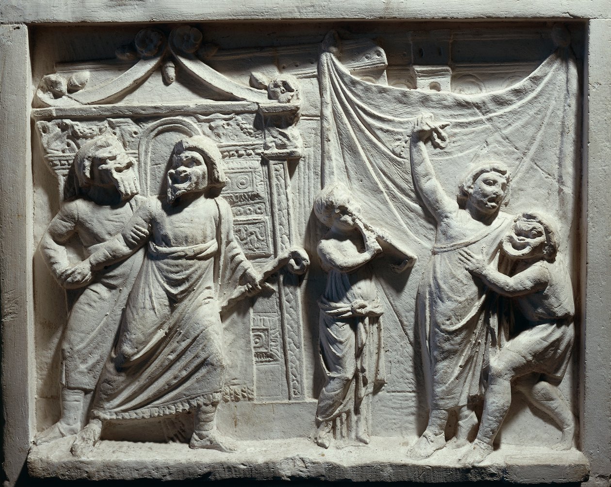 Relief teatterikohtauksesta komediasta "Andria", kirjoittanut Publius Terentius Afer (relief) tekijältä Roman
