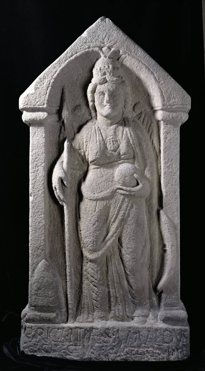 Reliefveistos, joka kuvaa Brigantiaa, pohjois-Britannian alkuperäisjumalattarta, roomalaisena jumalattarina Birrensistä, Middlebiestä, Dumfriesshiresta (kivi) tekijältä Roman