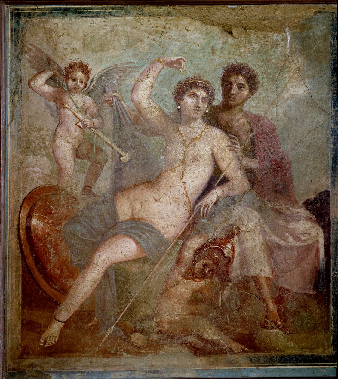 Esitys Aresista ja Aphroditesta, mukana rakkaus leikkii jumalan aseilla. Fresko Villa de Marsista ja Venuksesta Pompeissa. 1. vuosisadalla jKr. Napolin arkeologinen museo - roomalainen taide: Ares, Aphrodite ja Eros. Aphrodite (Venus) recl tekijältä Roman