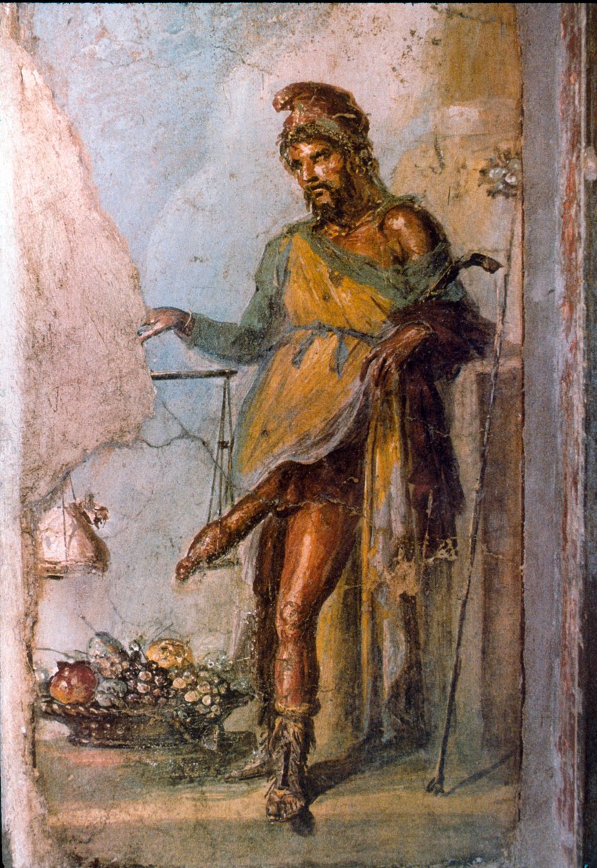 Esitys kreikkalaisesta jumalallisesta Priapesta, hedelmällisyyden jumalasta, jolla on valtava penis jatkuvasti erektiossa. Yksityiskohta Pompejin freskosta. Casa dei Vettii. 1. vuosisadalla jKr. tekijältä Roman