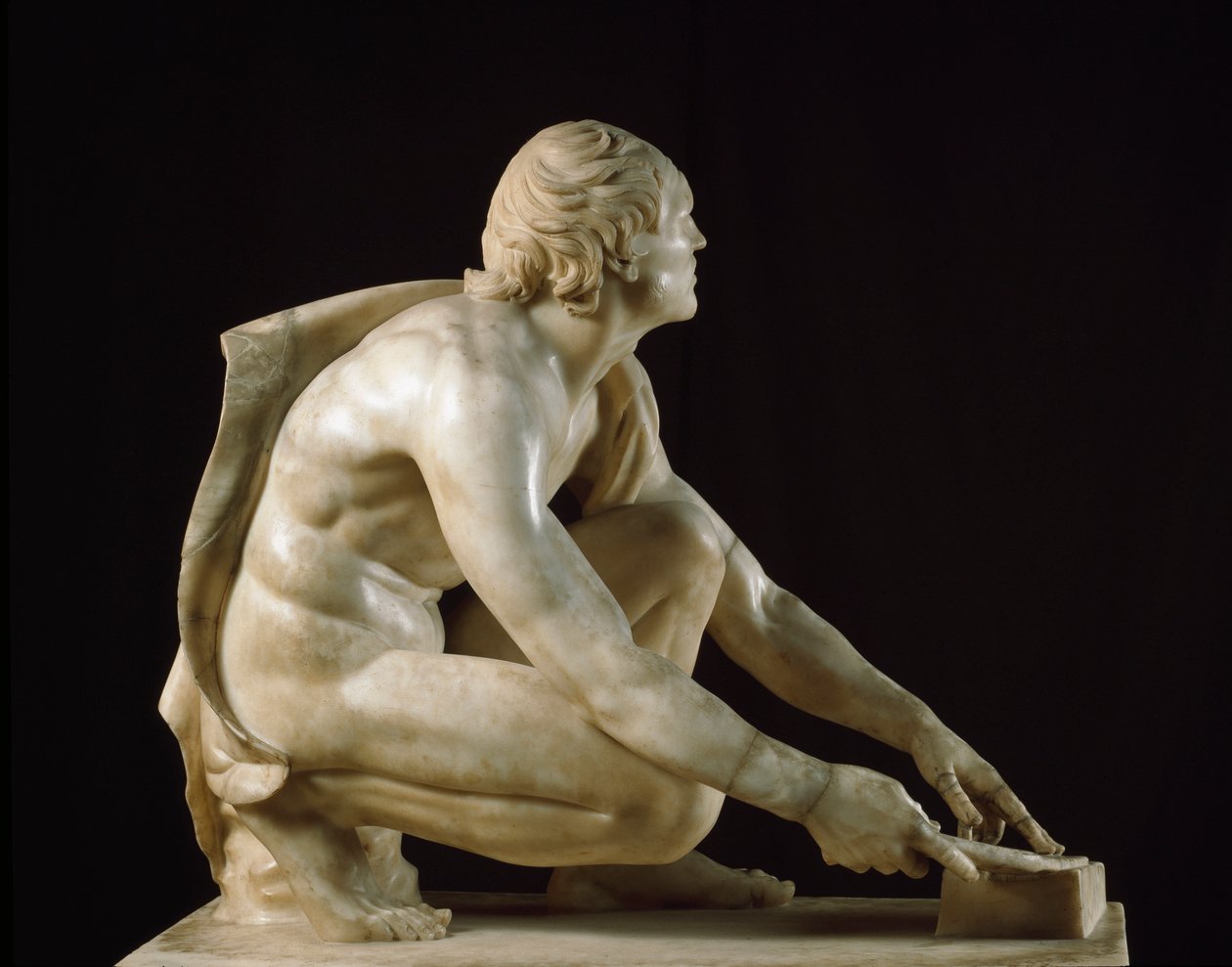 Roomalainen taide: "" Teroittaja teroitti veitsiään"" Roomalainen marmoriveistos 1. vuosisadalta eKr. kreikkalaisen alkuperäisen jälkeen. Himmeä. 105 cm Firenze, Galleria degli Uffizi, Tribuna tekijältä Roman