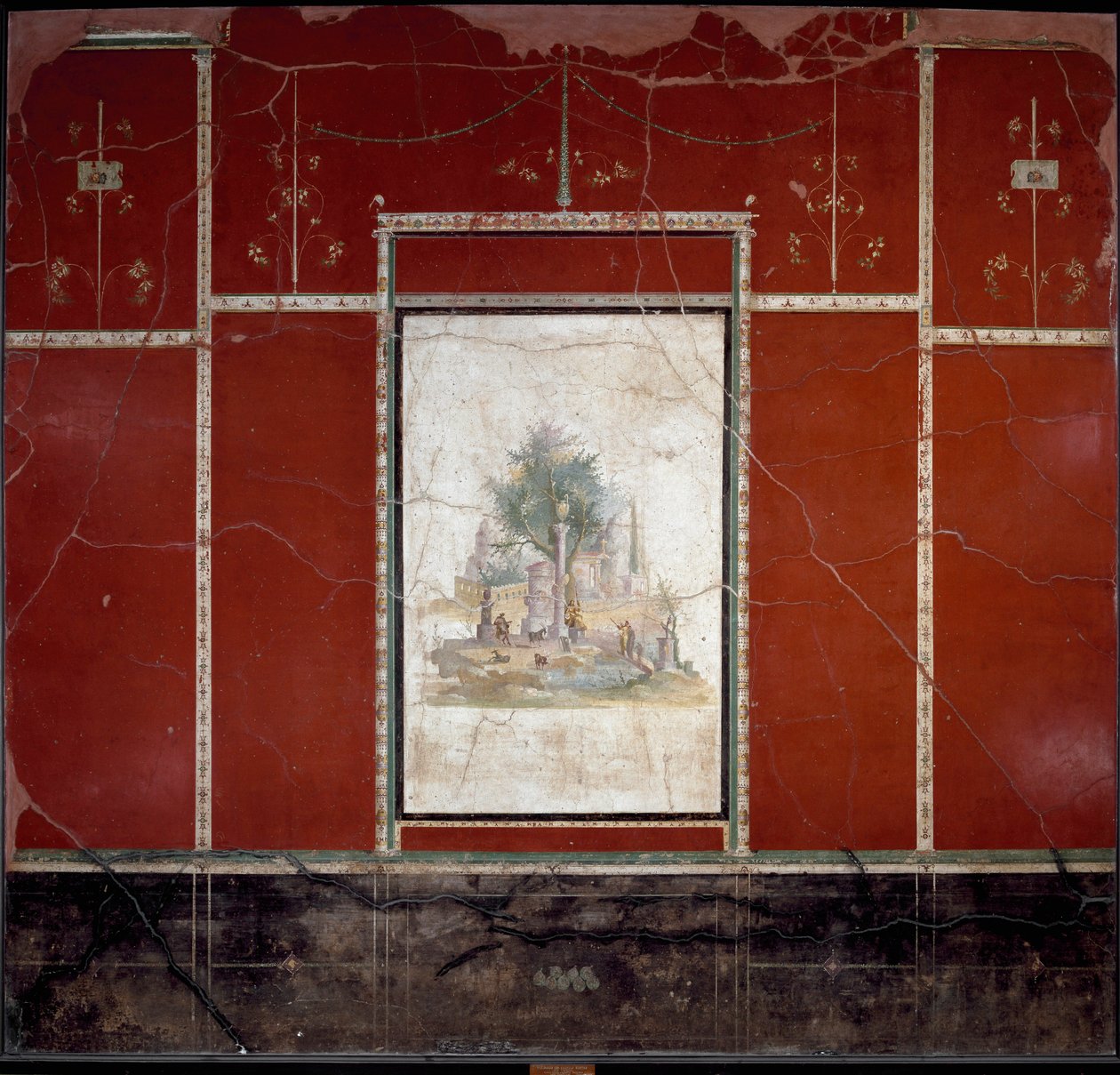 Roomalainen taide: "" Bukolinen maisema ja pyhä "" Amandon mestarille kuuluva fresko. Boscotrecasesta, Agrippa Postumo -huvilasta. 1. vuosisadalla. Mitat 153x98 cm Napoli, Kansallinen arkeologinen museo tekijältä Roman