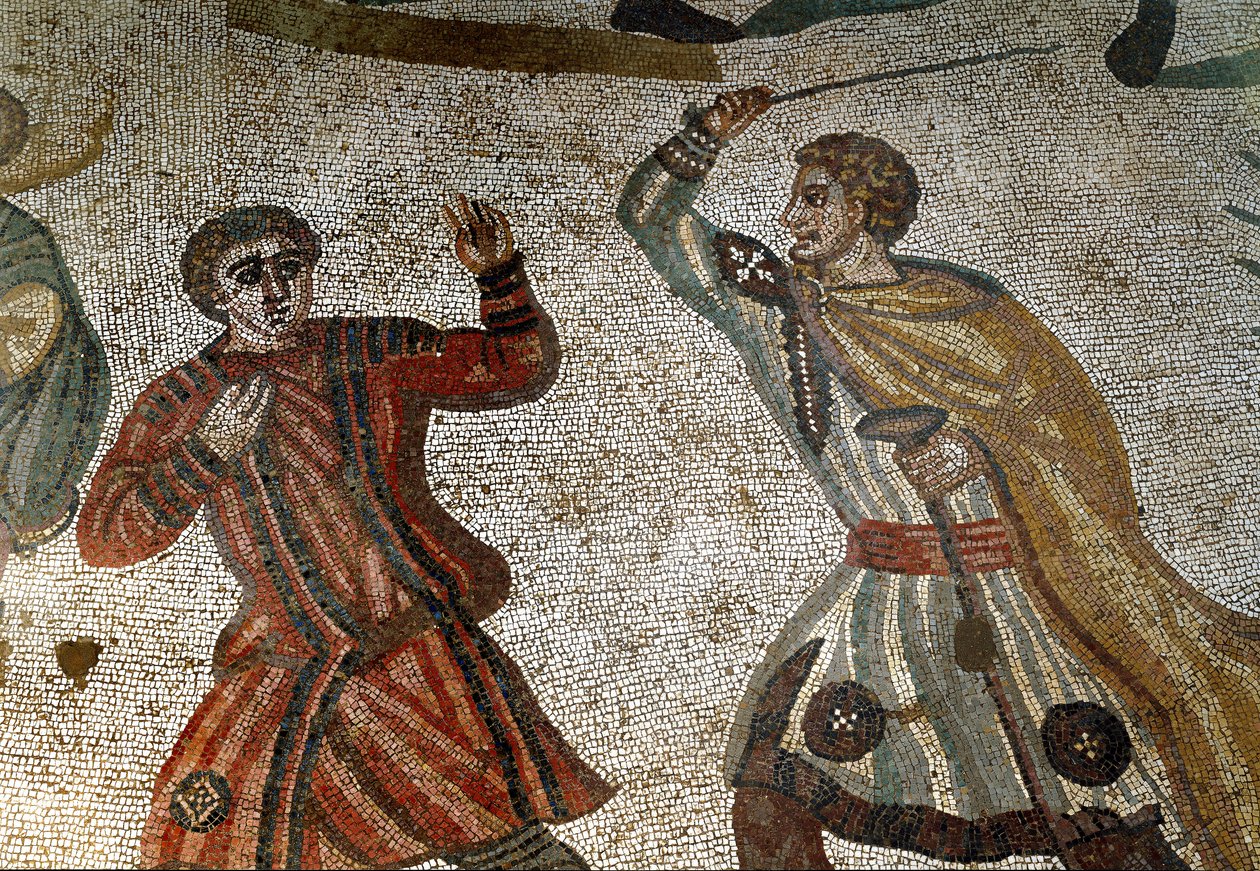 Roomalainen taide: Yksityiskohta mosaiikki "" Suuri metsästys"" Roomalainen aristokraatti rankaisee yhtä orjistaan kepillä. 315-350 jKr. Piazza Armerina, Villa Romana del Casale tekijältä Roman