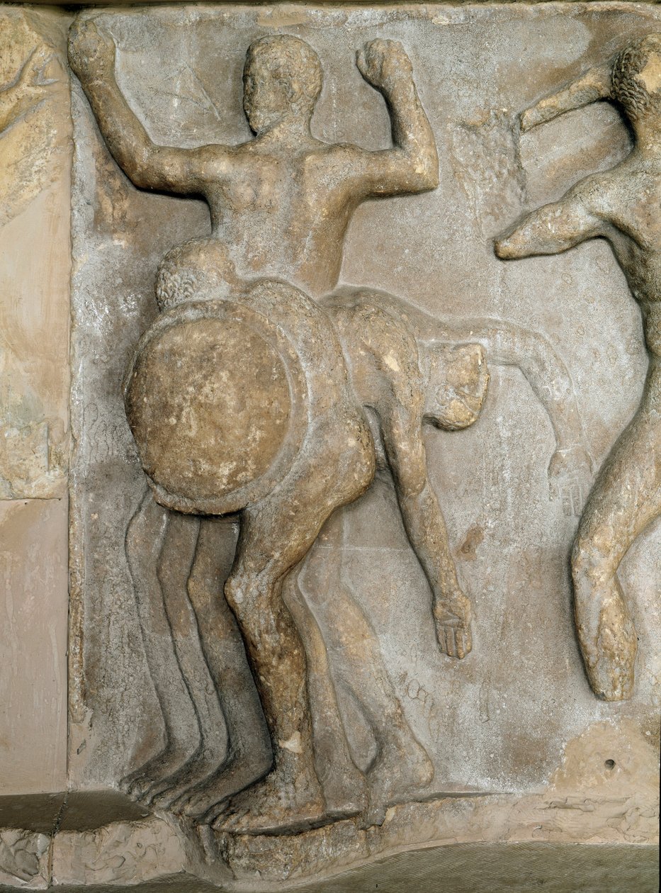 Roomalainen taide: Herkules ja jättiläinen on kolme päätä Geryon (jakso kahdestatoista (12) Herkuleen teoksesta) Fringe fragmentti Delphin teatterista. 1. vuosisadalla jKr. Delphi, arkeologinen museo tekijältä Roman