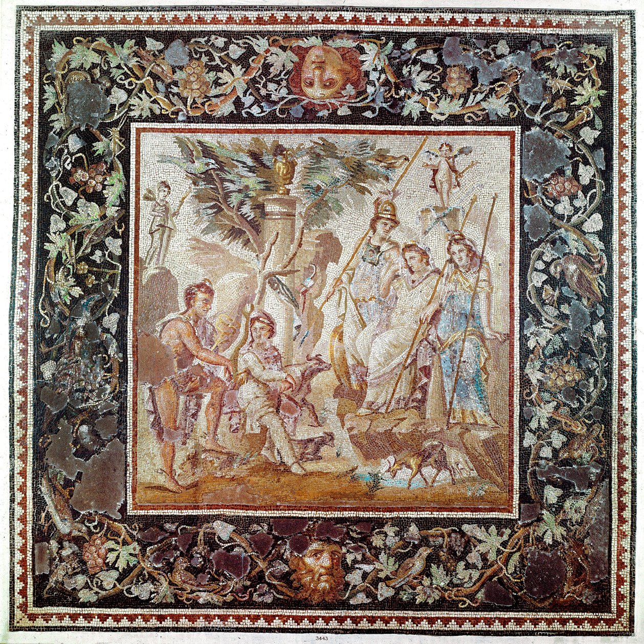 Roomalainen taide: "" Pariisin tuomio""" Mosaiikki Atriumin talosta, Antiokian alueelta Turkissa. 115-150 jKr. Aurinko 1,86 m Pariisi, Musee du Louvre tekijältä Roman