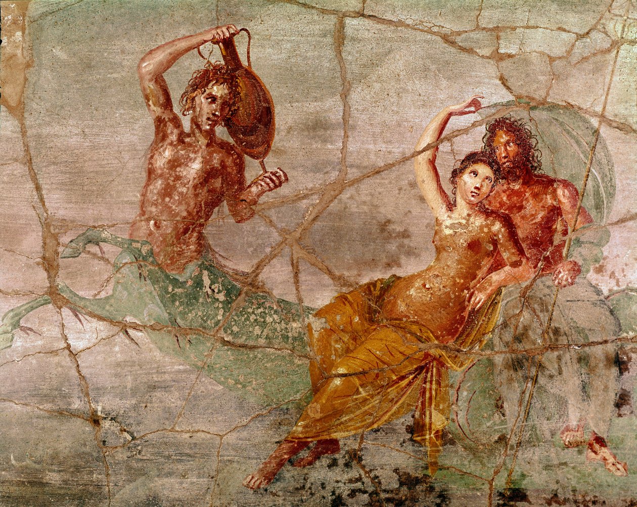 Roomalainen taide: "" Neptunus, Poseidon ja Amphitrite"" Roomalainen fresko Pompejista, Italiasta (Neptune Poseidon amfitriitti, fresko Pompejista) 60-80 jKr. tekijältä Roman