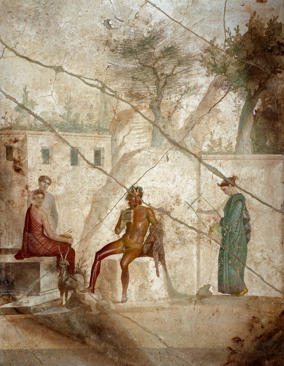 Roomalainen taide: "Pan muusikko nymfien kanssa" "Fresko mestari Chiarolle. 1. vuosisadalla. Pompejista. Napoli, kansallinen arkeologinen museo tekijältä Roman