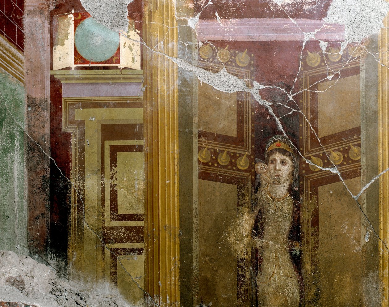 Roomalainen taide: "" Naisen muotokuva oven sisäänkäynnissä"" Yksityiskohta Fabio Rufon (Marcus Fabius Rufus) 1. vuosisadalla jKr. huvilan freskosta. Pompei, Italia tekijältä Roman