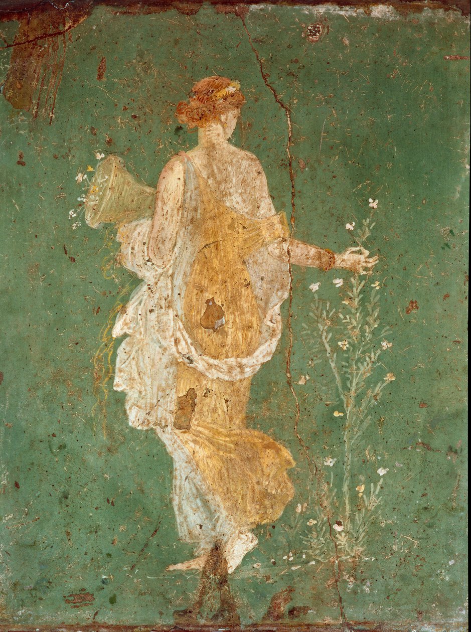 Roomalainen taide: "" Kevät "" Flora (Flora) poimimassa kukkia. fresko Varano a Stabiesin (Stabiae) huvilasta lähellä Pompeja. 15 eKr.-60 jKr. Kansallinen arkeologinen museo, Napoli - roomalainen taide: kevät, kasvisto poimimassa kukkia. Tuore Varanon huvi tekijältä Roman