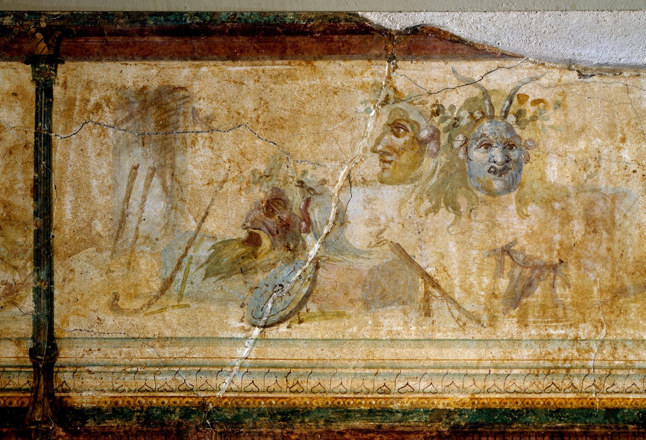 Roomalainen taide: "" Asetelma teatterinaamioilla "" Yksityiskohta. Fresko noin 25-19 eKr. Koko 23 cm Rooma, National Roman Museum (tai Terme) tekijältä Roman