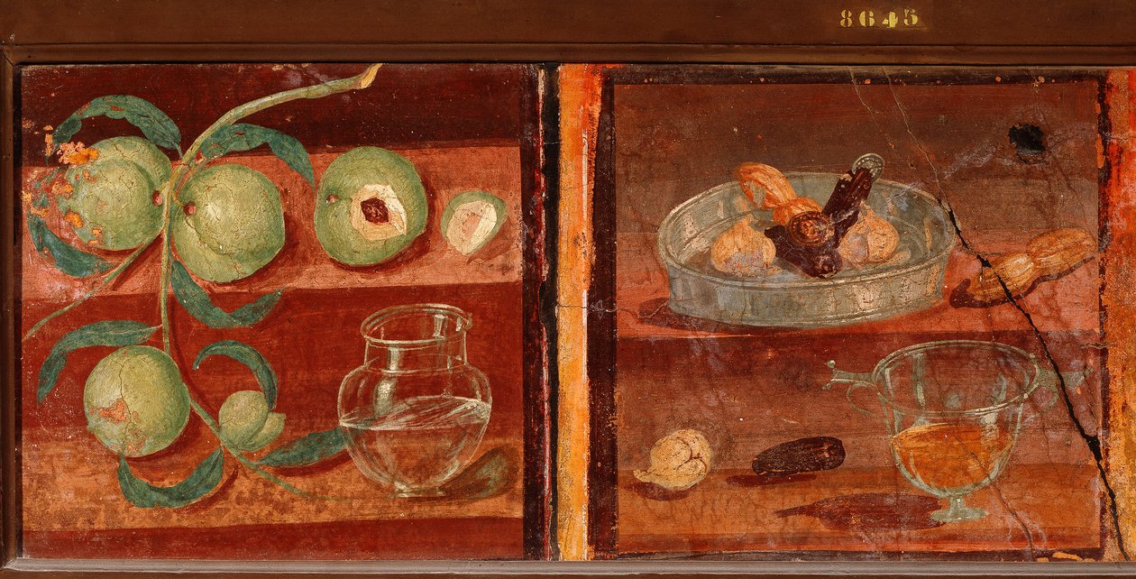 Roomalainen taide: "" Persikoiden ja kuivattujen hedelmien asetelma"" Roomalainen fresko Pompejista. 1. vuosisadalla eKr. - 1. vuosisadalla jKr. Säilytys Napolin kansallisessa arkeologisessa museossa. Italia tekijältä Roman