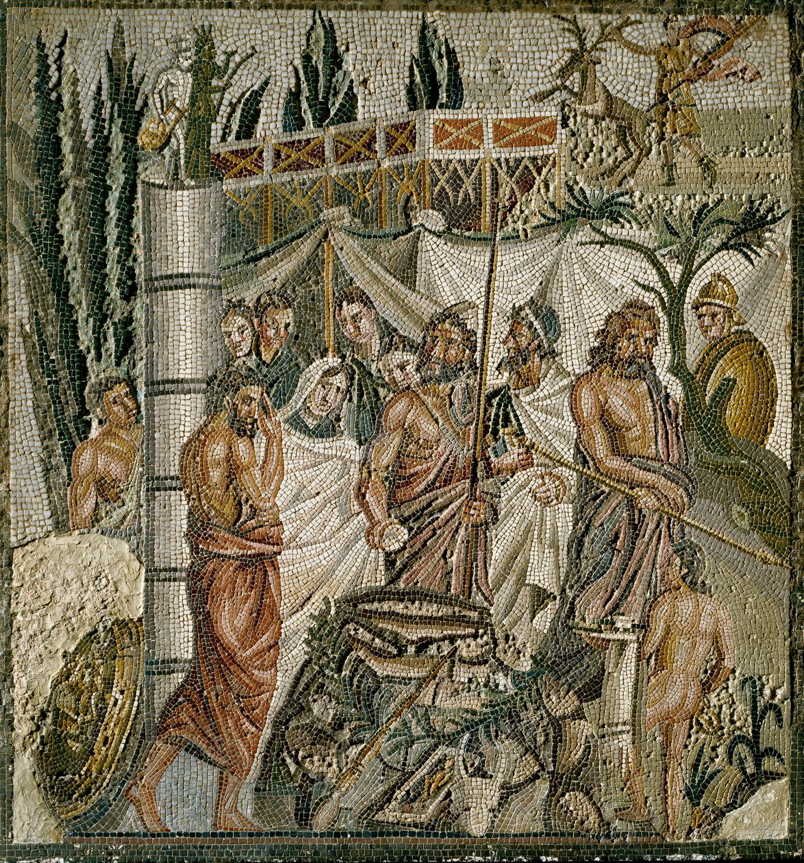 Roomalainen taide: "Iphigenien uhri" Kuningas Agamemnon uhraa tyttärensä lievittääkseen Artemiksen (Dianan) vihaa. Mosaiikki 1. vuosisadalta eKr. Ampuriasin museo (Empurias), Espanja tekijältä Roman