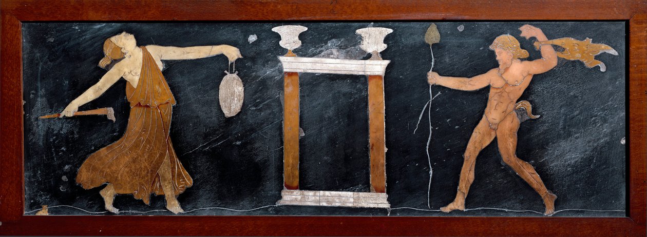 Roomalainen taide: "" Menadin ja satyyrin tanssi lähellä pientä temppeliä""" Marquetry Pompejista. Himmeä. 23x67 cm Museo Archeologico Nazionale, Napoli tekijältä Roman