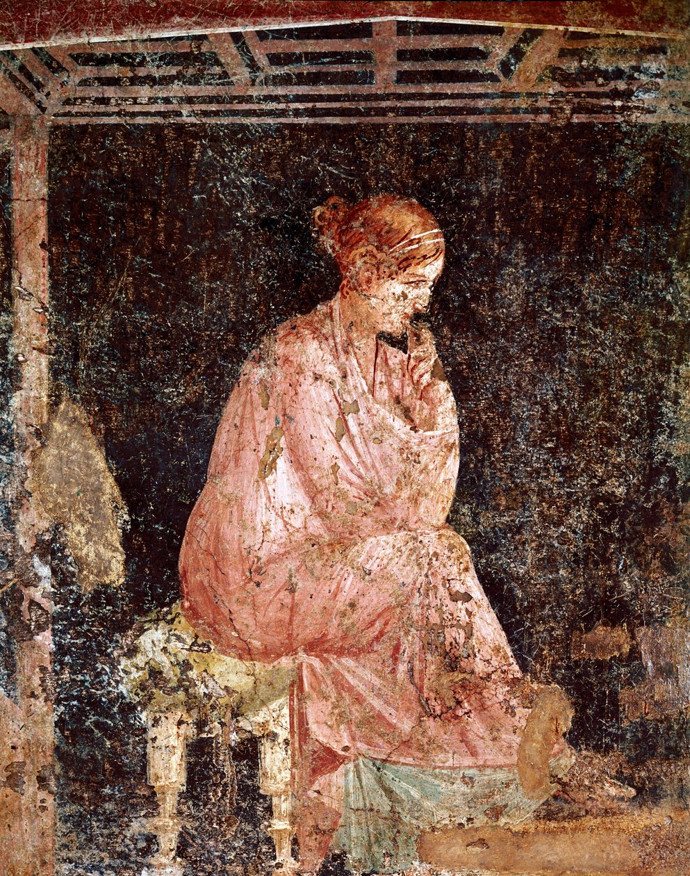 Roomalainen taide: "" Nuori nainen istuu"" (Istuva nuori nainen) Roomalainen fresko 3. Pompejin tyylistä Pompejista (Fresko Pompejista) 40-60 jKr. tekijältä Roman
