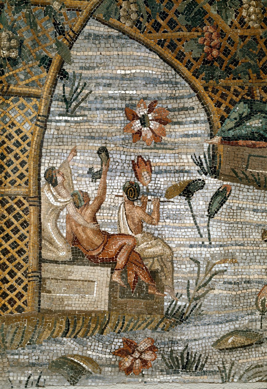 Roomalainen taide: Prenesten (Palestrina) Nilotic Mosaic (Niilin) yksityiskohta Primigenian Onnenjumaluuden pyhäköstä. 80 eaa. Himmeä. 615x506 cm Palazzo Barberini Palestrina, Italia tekijältä Roman