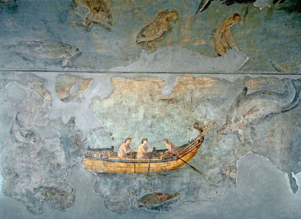 Roomalainen taide: "" kalastajat veneessä"" Fresko talosta, joka sijaitsee lähellä Rooman jokisatamaa. 131 jKr. Rooma, Museo Nazionale Romano (o delle Terme) tekijältä Roman