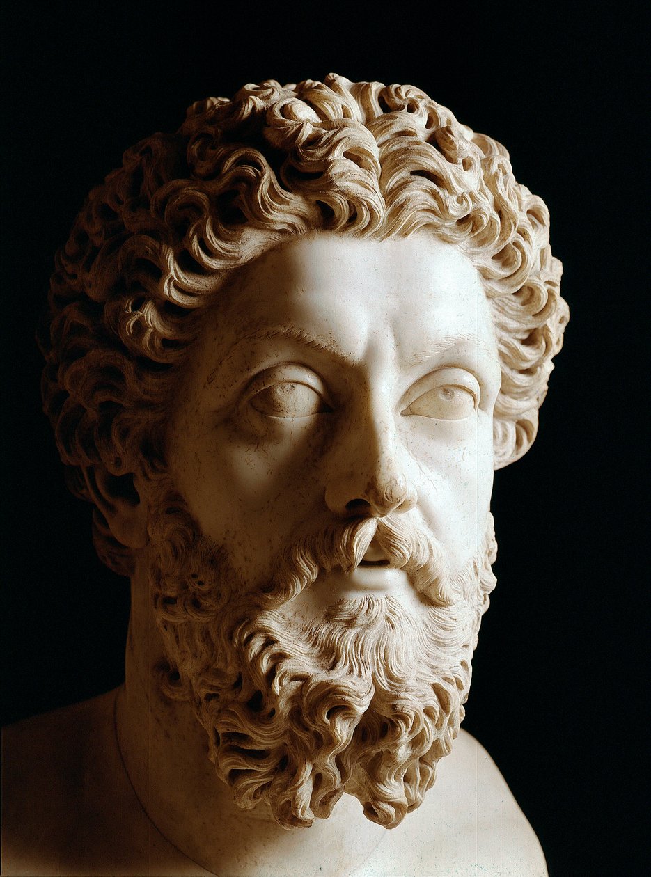 Roomalainen taide: Rooman keisari Marc Aurelen (120-180 jKr) pää - marmoriveistos tekijältä Roman