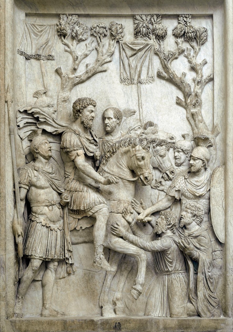 Rooman keisari Marcus Aurelius antaa anteeksi voitetut viholliset, n. 176-180 (Marmorireliefi) tekijältä Roman