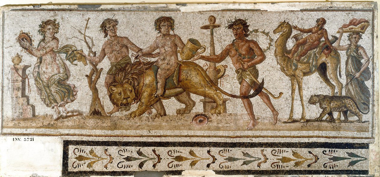 Roomalainen antiikki: "" Dionysian kulkue""" Silene ratsastaa kamelilla, menadi soittaa soitinta. Mosaiikki El Jemistä (Thysdrus). 3. vuosisadalla jKr. El Djem (Thysdrus), arkeologinen museo tekijältä Roman