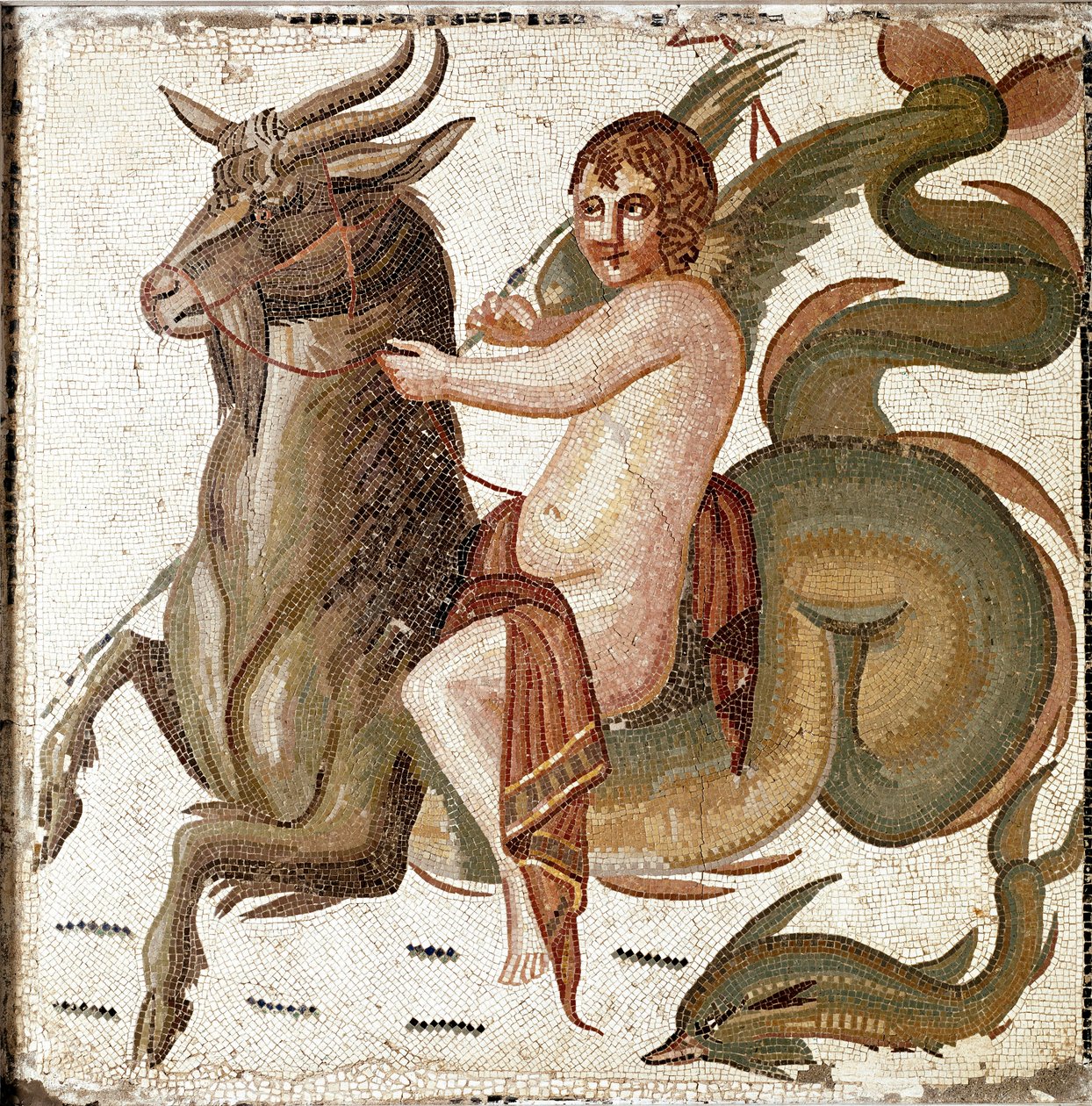 Roomalainen taide: "Amor ratsastaa merieläimellä"" Mosaiikki keisari Septius Severen perheen huvilasta. 2. vuosisadan loppu JC:n jälkeen. Rooma, Museo Nazionale Romano tekijältä Roman