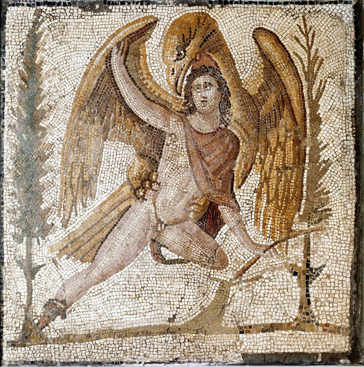 Roomalainen taide: "" Kotka vie Ganymeden""" Mosaiikki keisari Septius Severen perheen huvilasta. 2. vuosisadan loppu JC:n jälkeen. Rooma, Museo Nazionale Romano tekijältä Roman