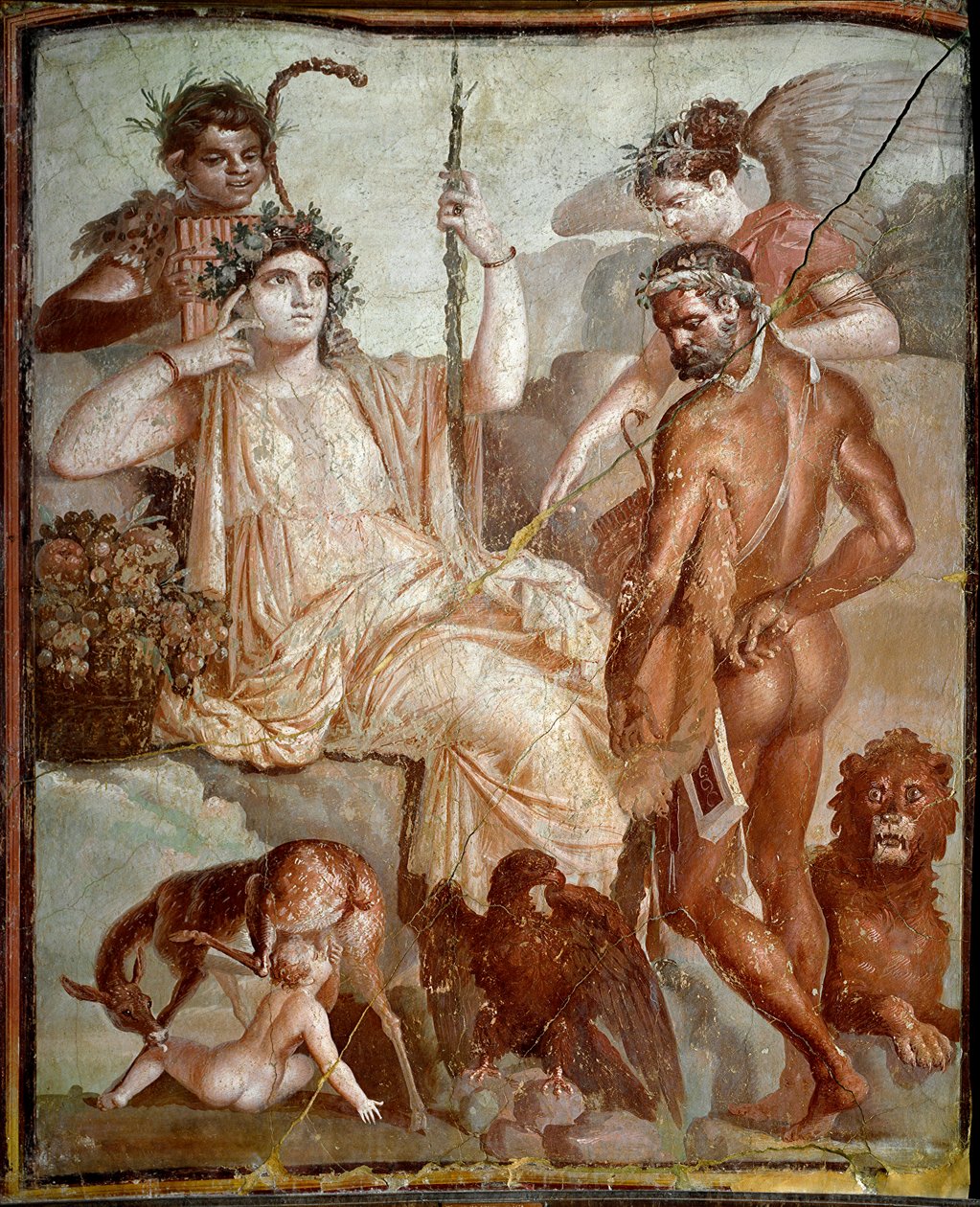 Roomalainen taide: "" Herakles löytää poikansa Telephuksen (Telephus) Arkadian vuorilta"" Roomalainen fresko Herculanumin (Ercolano) paikalta, 70 jKr., Dim. 216x185 cm - Napoli, Museo Archeologico Nazionale - Herakles löytää poikansa Telephuksen A-vuorilta tekijältä Roman