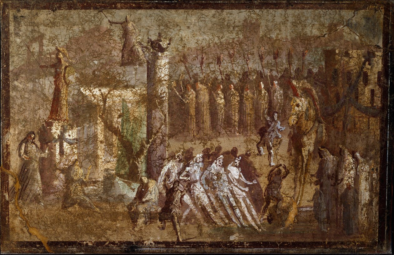 Roomalainen taide: "" Tabula Iliaca"" -merkintä Troijan hevosesta. Troijalaiset vetävät hevosen seinille samalla kun Cassandre yrittää vastustaa heitä. Fresko Pompejista. Napoli, Museo Archeologico Nazionale tekijältä Roman